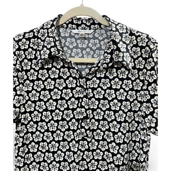 Sophie Max Floral Print Button Front Shirt Dress Midi Black White Pink Size L - Picture 8 of 9